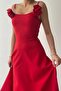 Red Atlas Fabric Strapless Neckline Rose Accessory Detailed Design Strap Maxi Dress 258 - 6