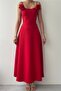 Red Atlas Fabric Strapless Neckline Rose Accessory Detailed Design Strap Maxi Dress 258