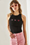 Women's Black Thin Strap Heart Embroidered Combed Cotton Blouse 60251200 - 5