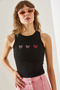 Women's Black Thin Strap Heart Embroidered Combed Cotton Blouse 60251200 - 3