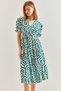 Women's Green Double-Breasted Collar Elastic Waist Belted Flared Dress 60211015 - 6