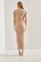 Women's Beige Camisole Square Neck Ribbed Slit Dress 60221030 - 6