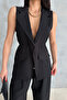 Black Waist Detailed Vest Trousers Linen Set - 6