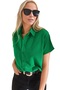 Women's Oversize Batwing Short Sleeve Linen Shirt Grass Green Buttoned - 3