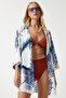 Women's Blue Patterned Guipure Detailed Viscose Kimono ZV00142