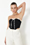 Siyah Bağlama Detaylı Straplez Crop Dokuma Bluz TWOSS24BZ00607 - 3