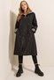 Ruched Waist Hooded Women's Black - White Trench Coat 9091 - 5