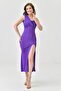 Full Lycra Buzzy Fabric Slit Detailed One Shoulder Midi Length Summer Purple Dress 1050 - 3
