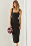 Women's Black Square Collar Strapped Combed Cotton Midi Length Basic Dress 60251239