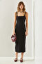 Women's Black Square Collar Strapped Combed Cotton Midi Length Basic Dress 60251239 - 3