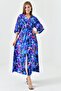 Batwing Sleeve Elastic Waist Front Slit Midi Length Double Breasted Collar Floral Summer Blue Dress 3154 - 8