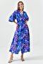 Batwing Sleeve Elastic Waist Front Slit Midi Length Double Breasted Collar Floral Summer Blue Dress 3154 - 4