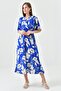 Batwing Sleeves, Double Breasted Collar, Elastic Waist, Belted, Side Slits, Midi Length, Floral Blue Dress 3469 - 8