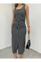 Women's Striped Sleeveless Floor-Length Buttons Crew Neck Dress