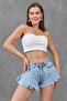 Light Blue Tasseled High Waist Lycra-Free Flared Wide Cut Denim Shorts 70355