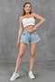Women's High Waist Tassel Hem Lycra-Free Flared Cut Light Blue Denim Shorts Denim Shorts 70355 - 6