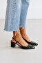 Lady Black Patent Leather 6 cm Thick Heeled Open Back Strap Classic Heeled Shoes with Blunt Square Toe