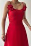 Red Atlas Fabric Strapless Neckline Rose Accessory Detailed Design Strap Maxi Dress 258 - 7