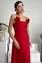 Women's Red Atlas Fabric Strapless Neck Rose Accessory Design Strap Maxi Dress 258 - 6