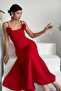 Women's Red Atlas Fabric Strapless Neck Rose Accessory Design Strap Maxi Dress 258 - 5