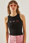 Women's Black Thin Strap Heart Embroidered Combed Cotton Blouse 60251200