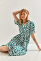 Women's Green Double-Breasted Collar Elastic Waist Belted Flared Dress 60211015 - 2