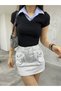 Women's Shirt Collar Detailed Ribbed V-Neck T-Shirt