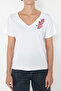 Beyaz %100 Pamuk Regular/Normal Kalıp Nakışlı V Yaka Örme T-Shirt TWOSS24TS00266 - 5