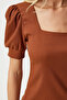 Dark Tan Balloon Sleeve Knitted Blouse - Square Collar, DD01051 - 4