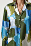 Women's Blue Green Print Oversize Satin Shirt Sv00012 - 3