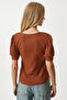 Dark Tan Balloon Sleeve Knitted Blouse - Square Collar, DD01051 - 5