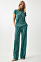 Women's Vibrant Green Pleated Casual Blouse Pants Suit Mc00283 - 2