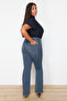 Mavi Yüksek Bel Comfort/Orta Esnek İspanyol Paça Flare Fit Jean TBBSS24CJ00046 - 5