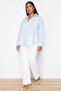 Blue Striped Floral Cotton Woven Plus Size Shirt TBBSS24AX00038 - 2