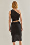 Women's Black One-Shoulder Openwork Knitwear Top and Bottom Set 20246124 - 3
