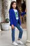 Girl's Letter Top with Sequin T-Shirt and Jean Cobalt Blue Blazer Jacket Top Set - 2