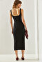 Women's Black Square Collar Strapped Combed Cotton Midi Length Basic Dress 60251239 - 7