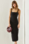 Women's Black Square Collar Strapped Combed Cotton Midi Length Basic Dress 60251239 - 5
