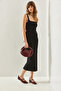 Women's Black Square Collar Strapped Combed Cotton Midi Length Basic Dress 60251239 - 6