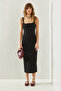 Women's Black Square Collar Strapped Combed Cotton Midi Length Basic Dress 60251239 - 2