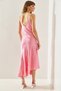 Women's Pink Rope Strap Satin Jacquard Asymmetrical Hem Midi Length Dress 60251227 - 7