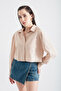 Women's Beige Single Pocket Crop Shirt - 3