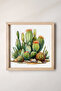 Watercolor Effect Cactus Painting with Wooden Frame, Watercolor