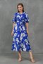 Women's Short Batwing Sleeve Double Breasted Collar Elastic Waist Belted Midi Length Floral Blue Dress 3469 - 7