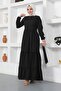 Black Placket Dress - Lace-up Collar - 2