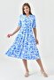 Short Balloon Sleeve Midi Length Length Elastic Wrap Neckline Floral Patterned Dress 3058 - 4