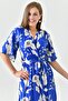 Batwing Sleeves, Double Breasted Collar, Elastic Waist, Belted, Side Slits, Midi Length, Floral Blue Dress 3469 - 5