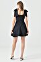 Black Atlas Fabric Strapless Neckline Lacing Strap Detail Flared Cutout Short Evening Dress 2030 - 3