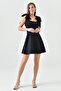 Black Atlas Fabric Strapless Neckline Lacing Strap Detail Flared Cutout Short Evening Dress 2030 - 6