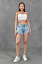 Women's High Waist Tassel Hem Lycra-Free Flared Cut Light Blue Denim Shorts Denim Shorts 70355 - 4